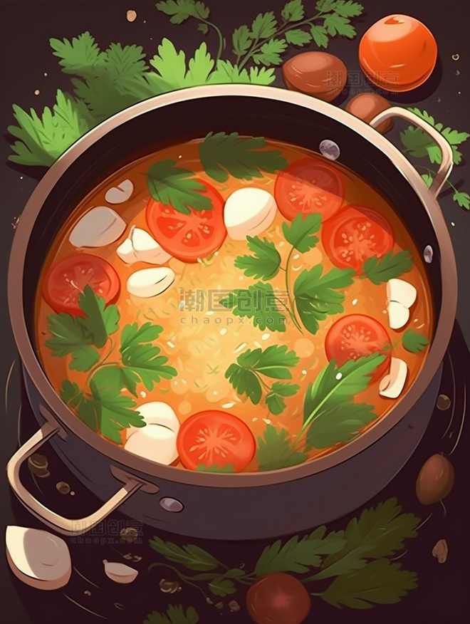 一锅炖火锅中餐手绘风插画扁平插画有蔬菜和肉