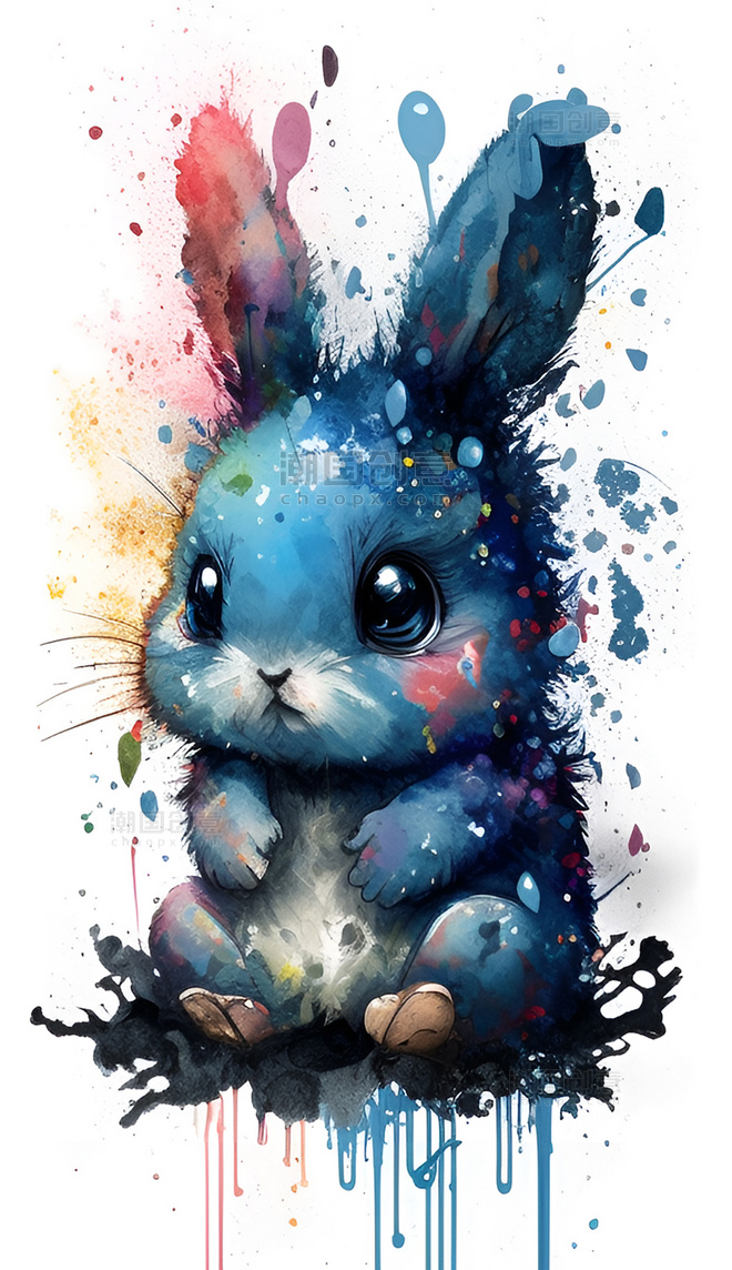 水彩泼墨十二生肖蓝色可爱小兔子创意艺术插画