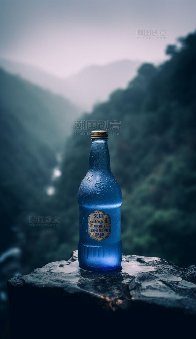 冰蓝啤酒瓶包装设计全景岩石上