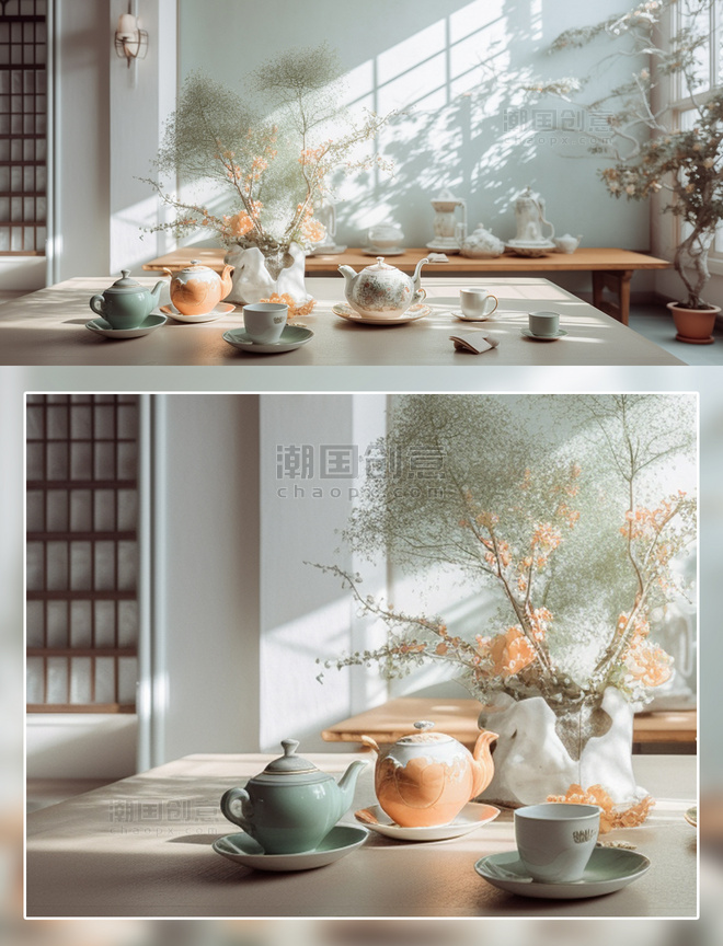 古典茶室茶具植物场景摄影房间室内装修