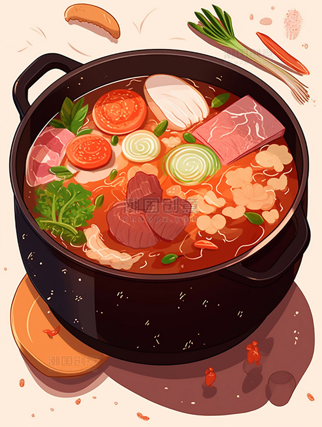 扁平插画中餐手绘风插画一锅炖火锅有蔬菜和肉