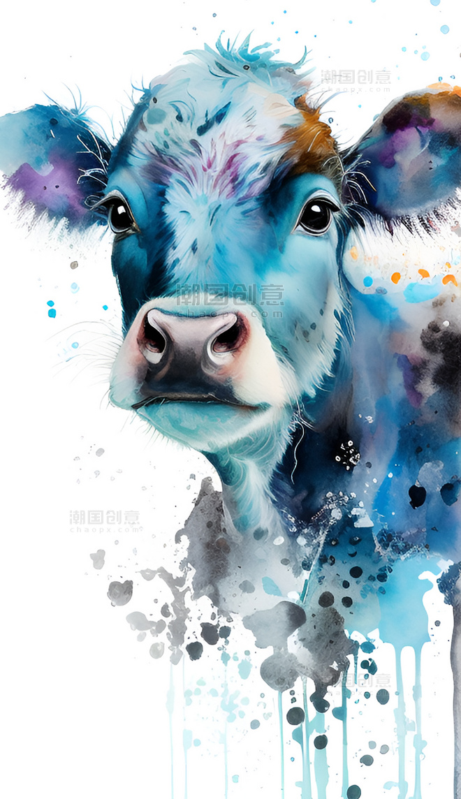 水彩泼墨十二生肖彩色牛创意艺术插画