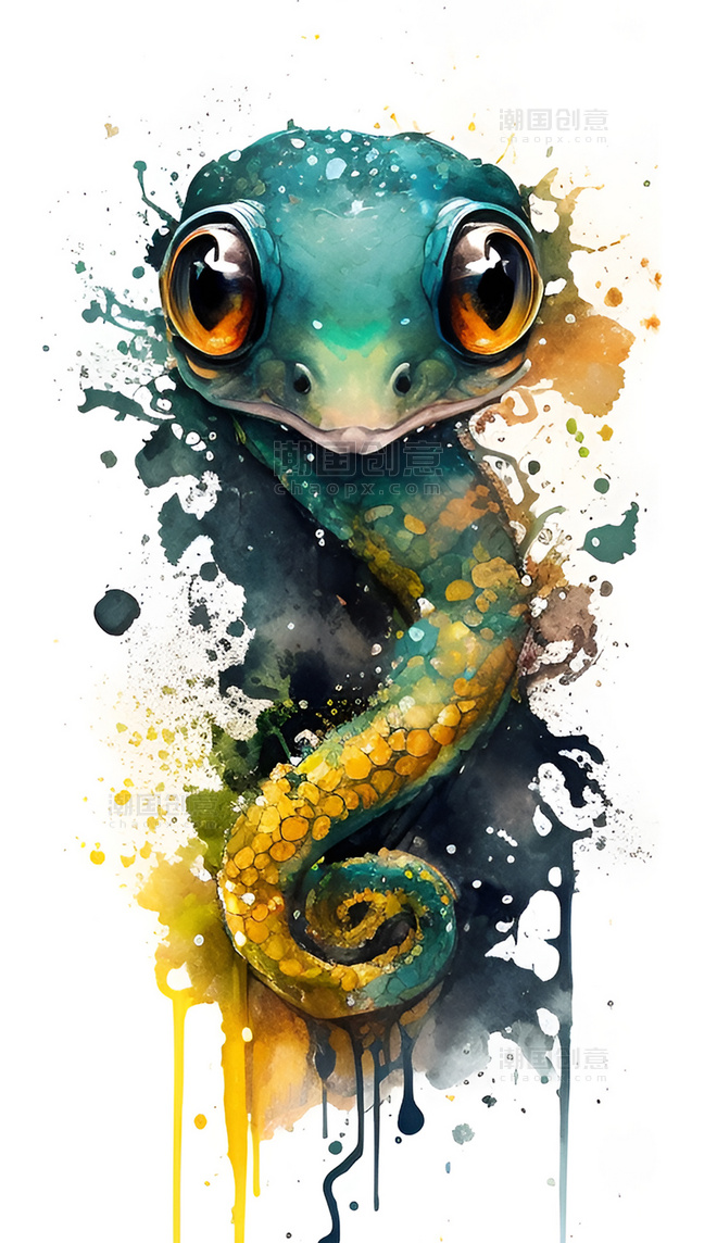 水彩泼墨风格十二生肖小蛇创意艺术插画