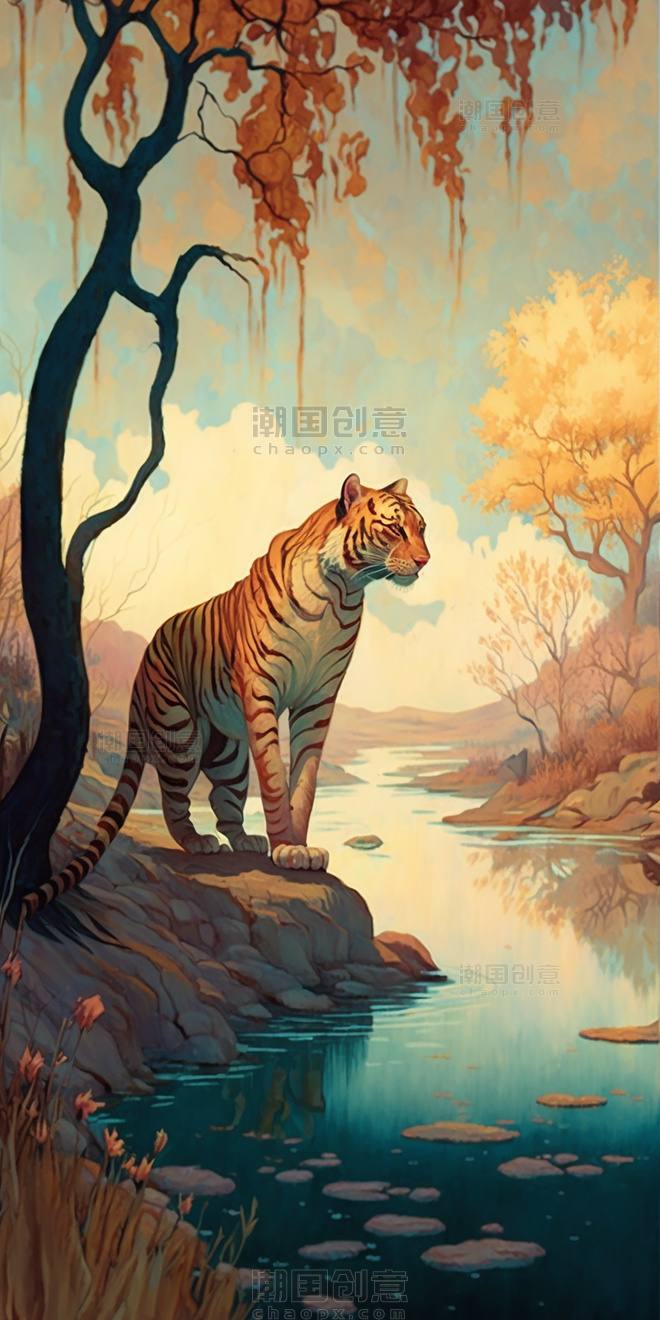 一只老虎在萨里的异想天开的数字插画