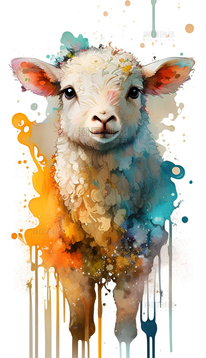 水彩泼墨十二生肖可爱彩色小羊创意艺术插画