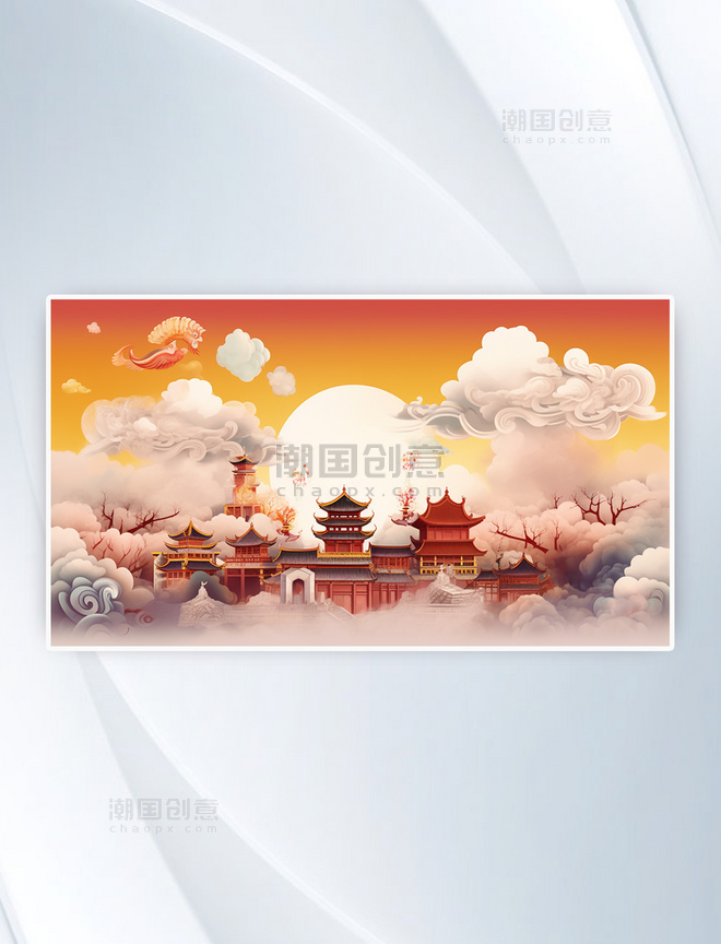 彩色中国风国潮古典风景场景插画
