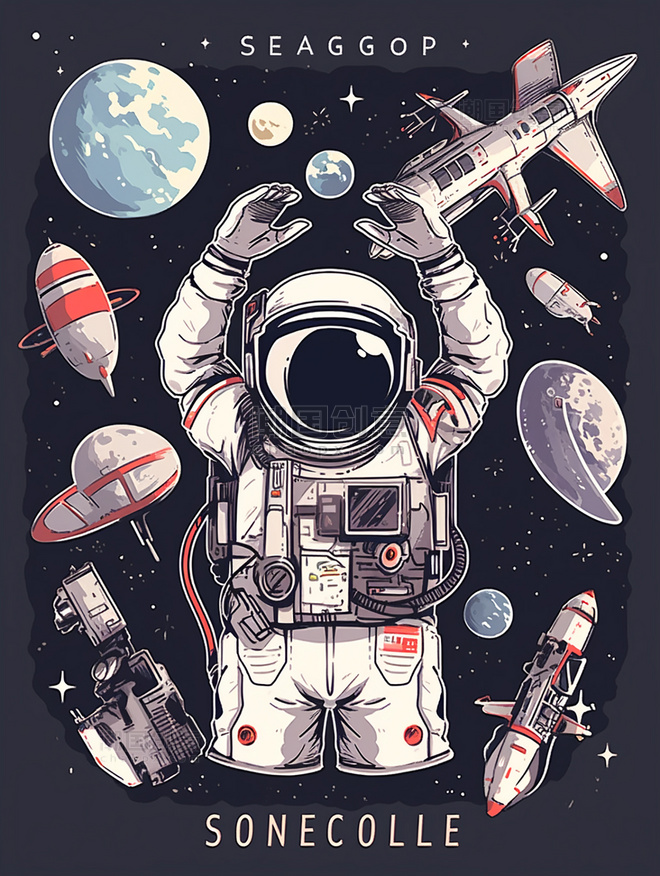 卡通航天航空宇航员星球火箭插画