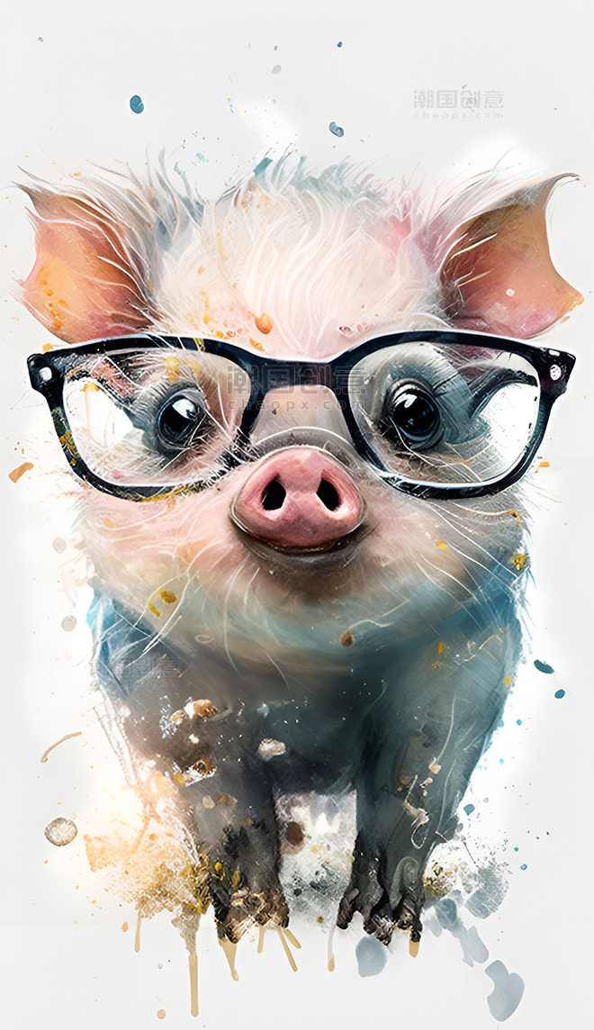 水彩泼墨风格十二生肖戴眼镜的小猪创意艺术插画