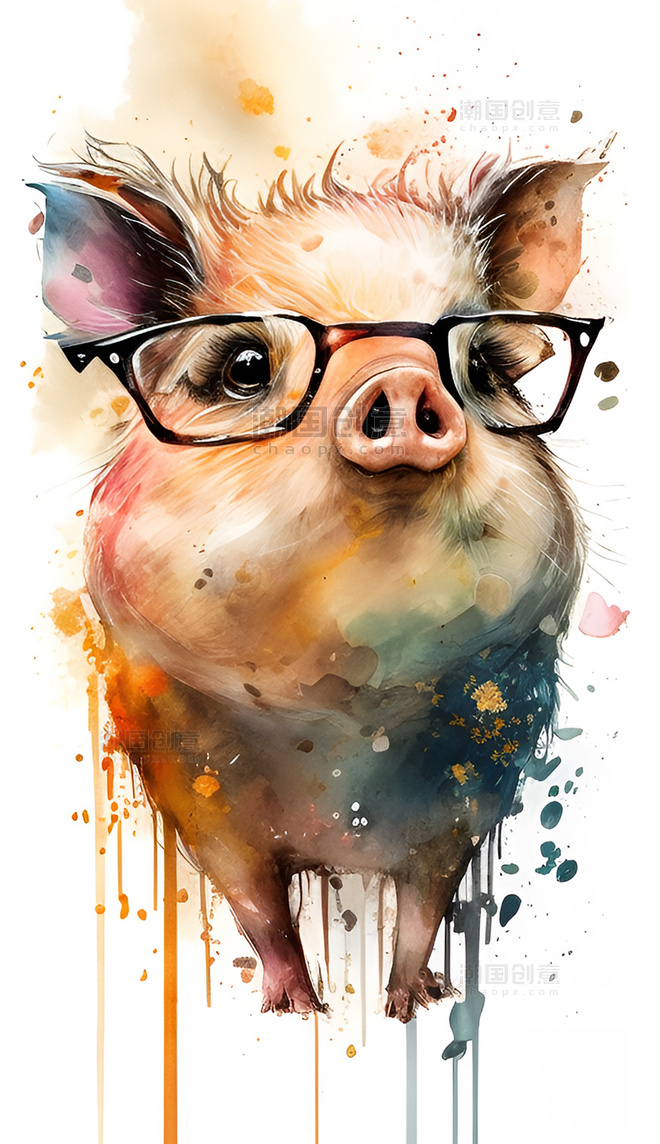 水彩泼墨十二生肖可爱小猪创意艺术插画