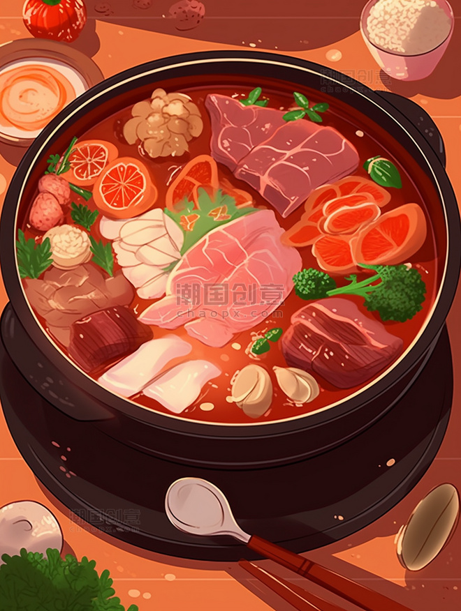 中餐扁平插画手绘风插画一锅炖火锅有蔬菜和肉