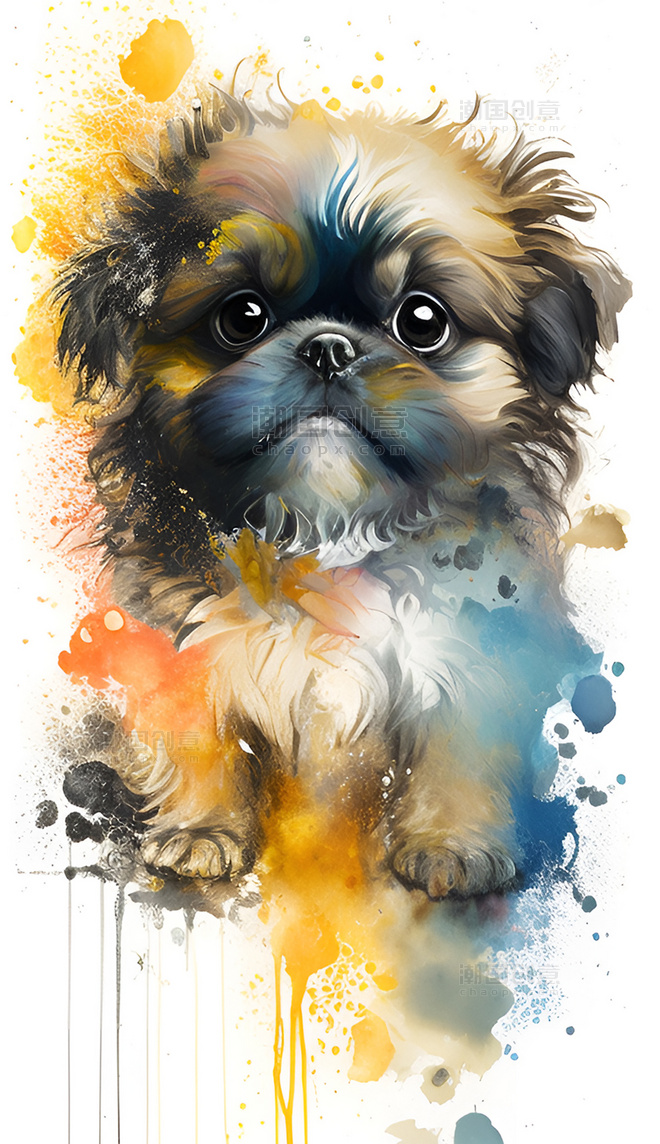 水彩泼墨风格十二生肖可爱小狗创意艺术插画