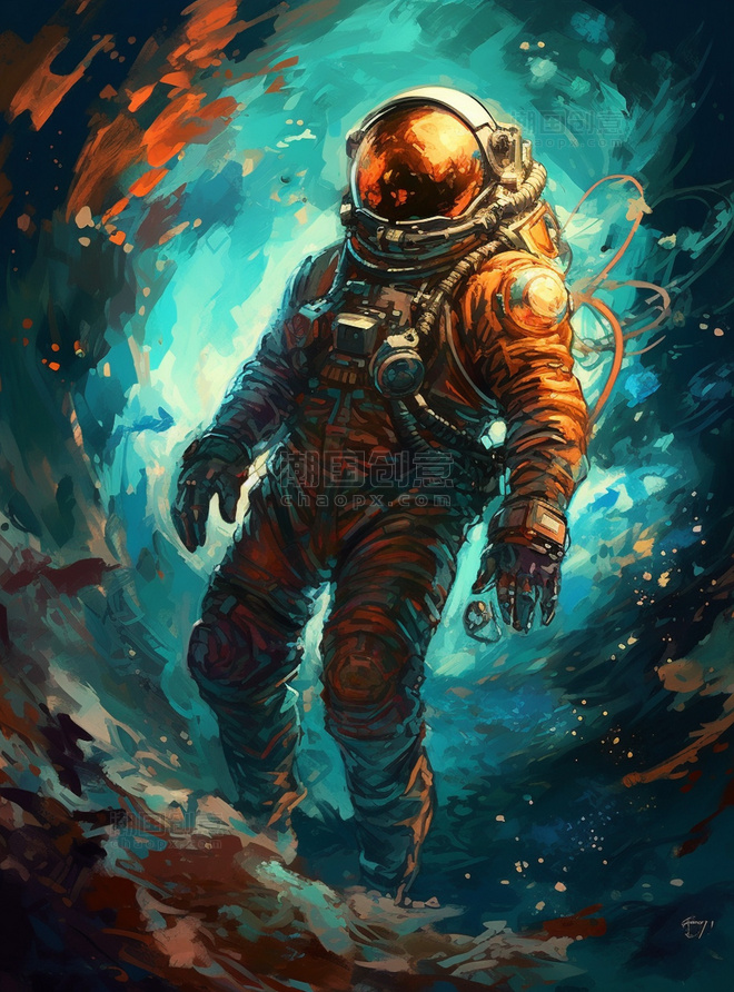 宇航员漂浮在漫天星辰的宇宙中插画