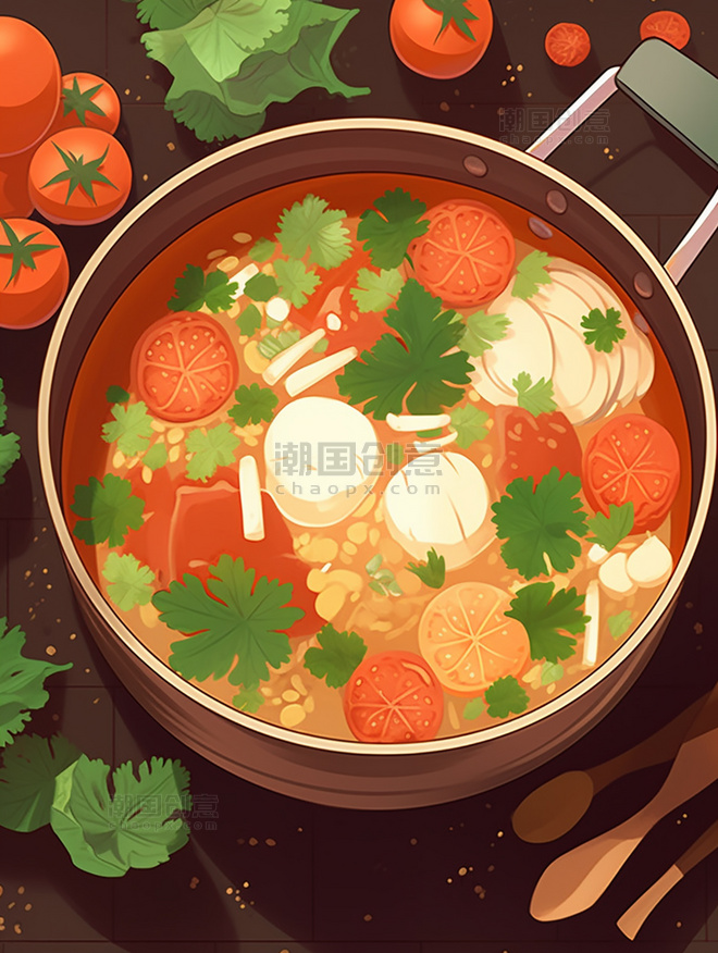 中餐一锅炖火锅手绘风插画扁平插画有蔬菜和肉