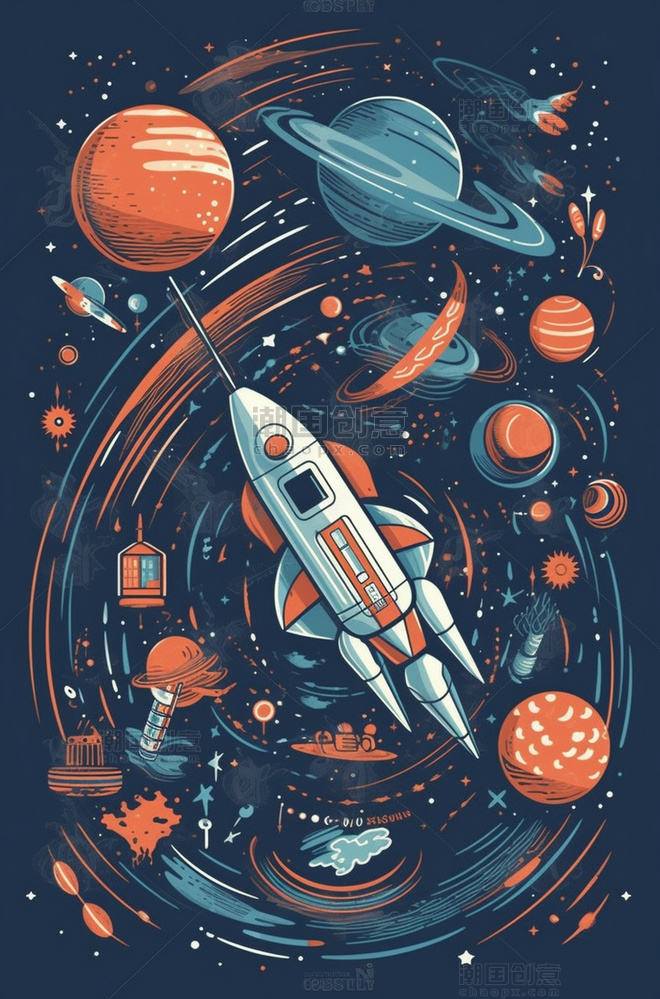 卡通宇宙太空飞船数字艺术插画
