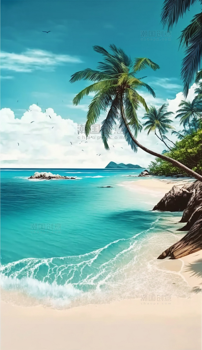 夏日椰岛海水沙滩背景