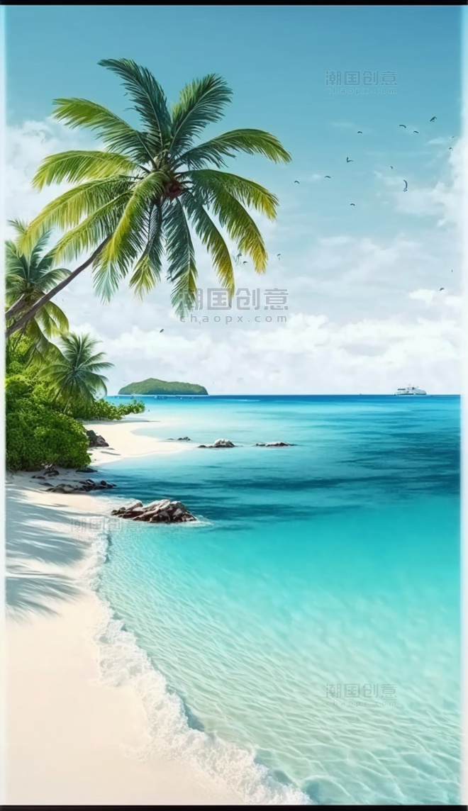 夏天沙滩海水椰树背景