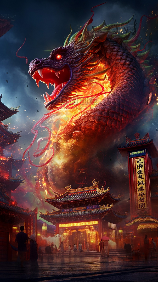 一条中国风巨龙在画面中央特写龙中国传统建筑超细节高清