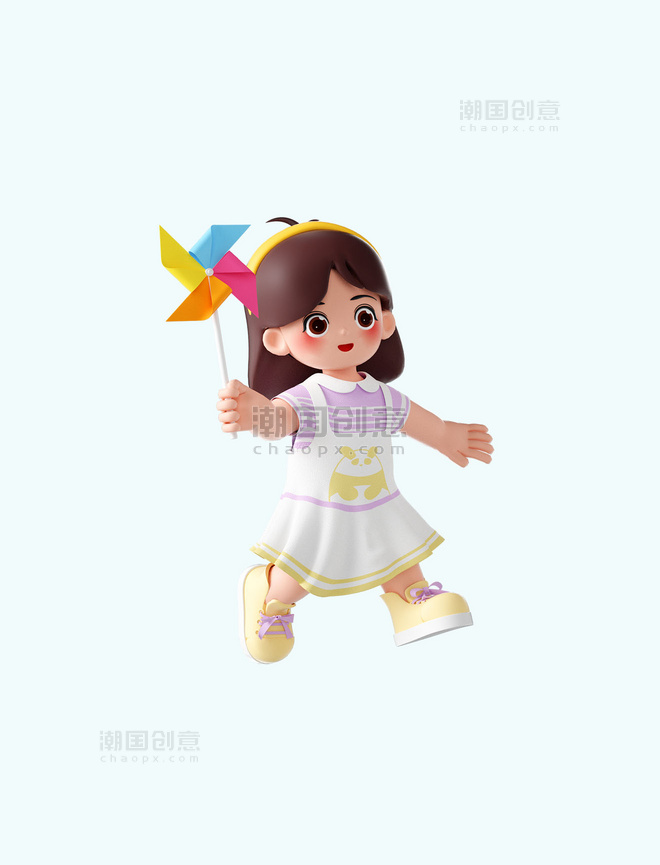 儿童节3D立体可爱人物手拿风车