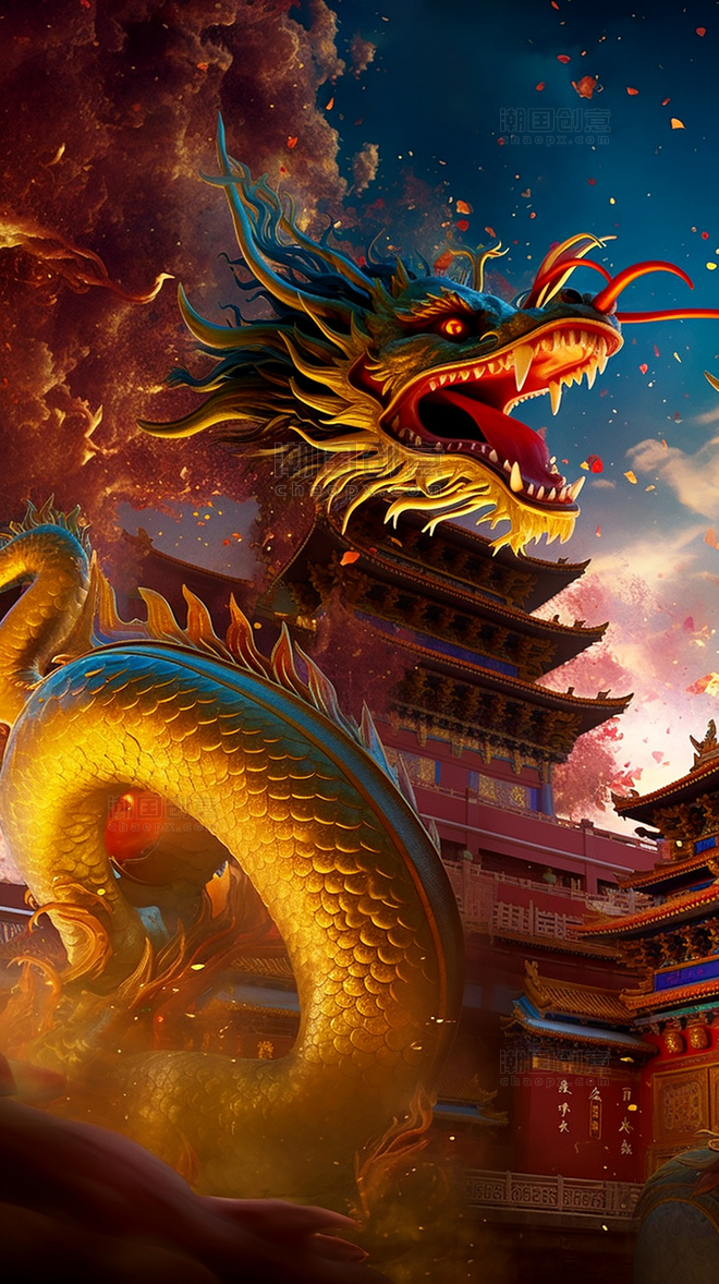 一条中国风巨龙在画面中央特写龙游戏场景中国传统建筑超细节高清