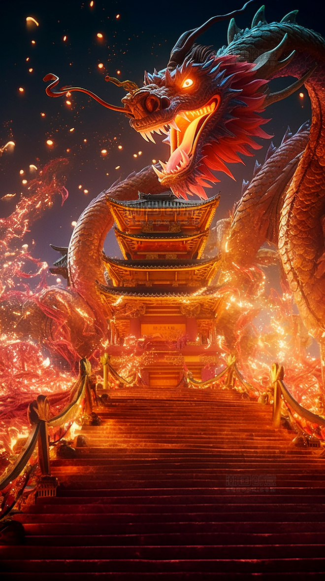 中国传统建筑特写龙游戏场景一条中国风巨龙在画面中央超细节高清