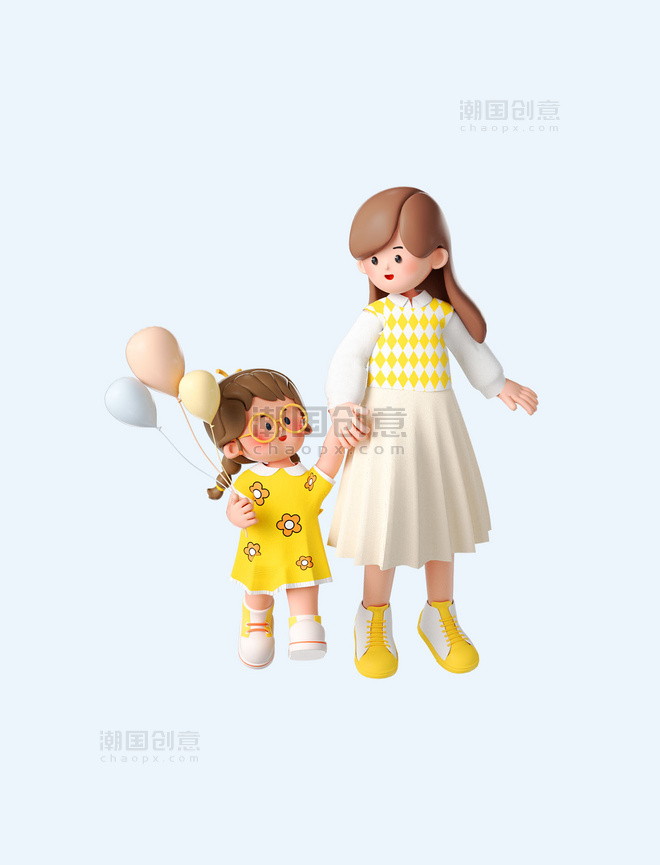 母亲节3D立体女儿和妈妈牵手逛街
