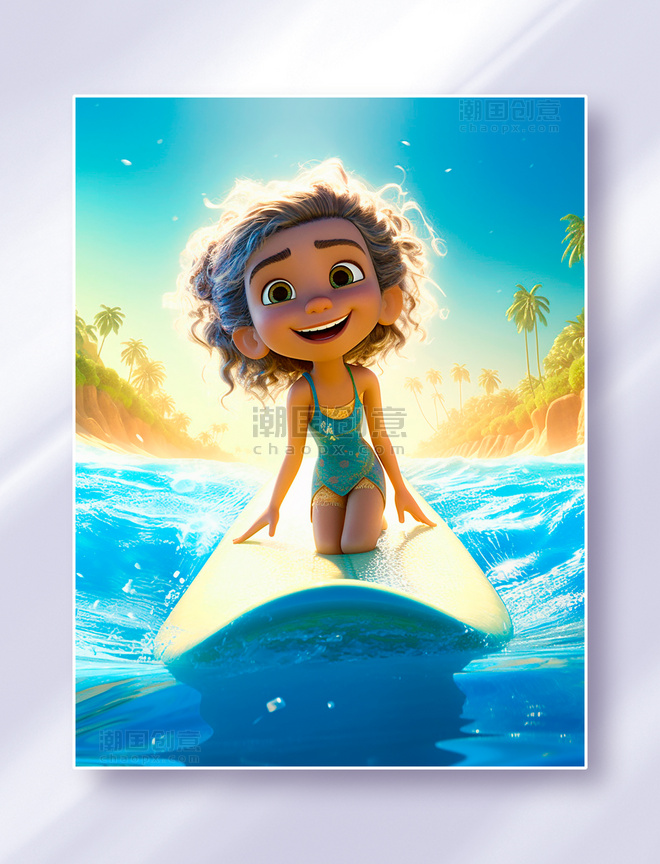 半跪在冲浪板上的小女孩学习冲浪夏日阳光明媚的海边
