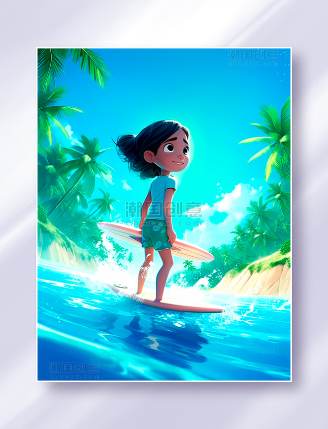 碧蓝的海面上小女孩在冲浪夏季阳光沙滩