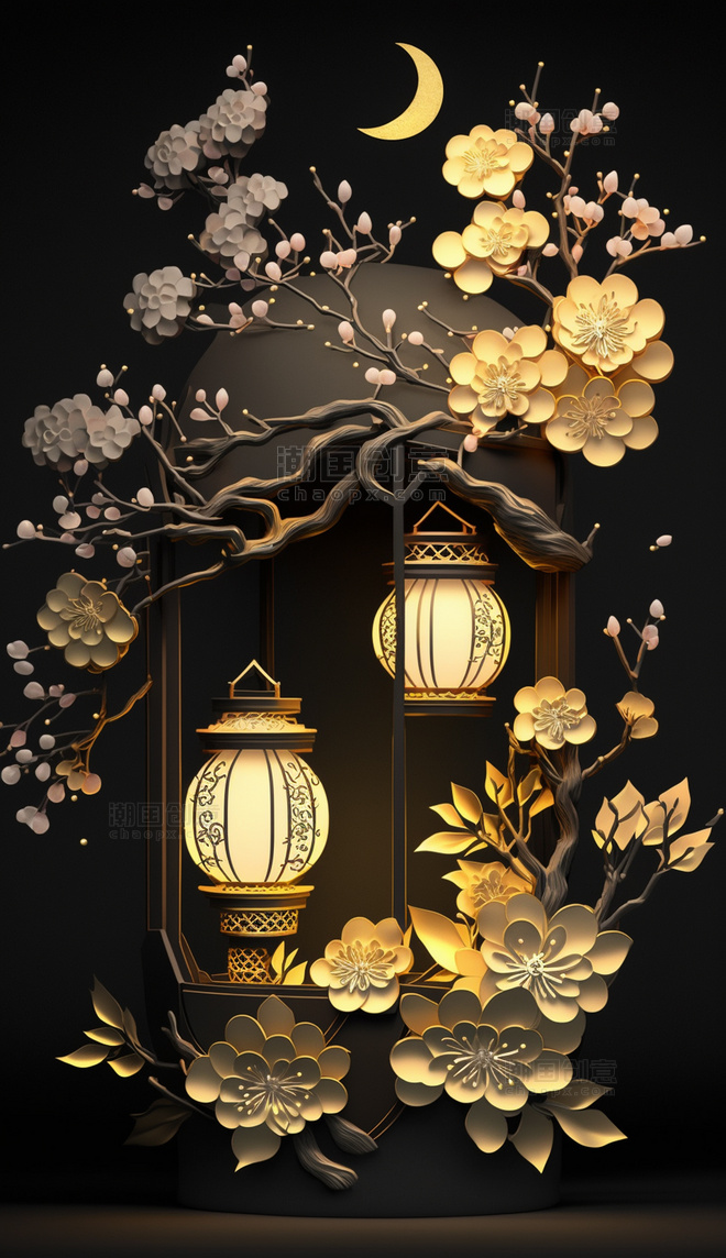 中国风中式装饰古典花纹灯笼金色元素立体剪纸