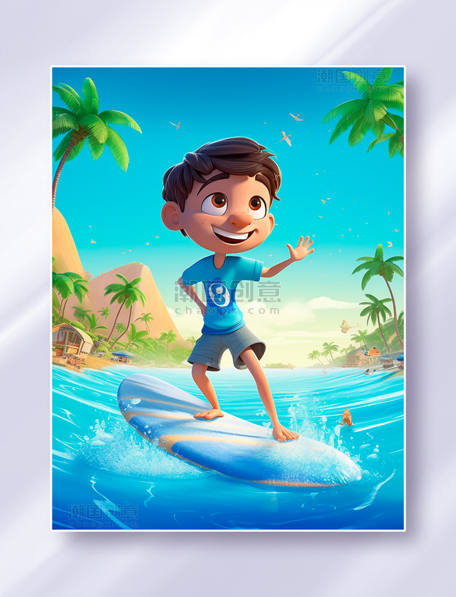 阳光明媚的夏天风格男孩在海边快乐的冲浪