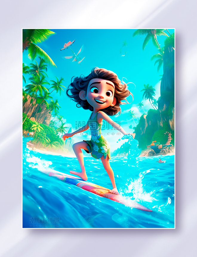 夏日海边一个在快乐冲浪的小女孩海滩椰子树