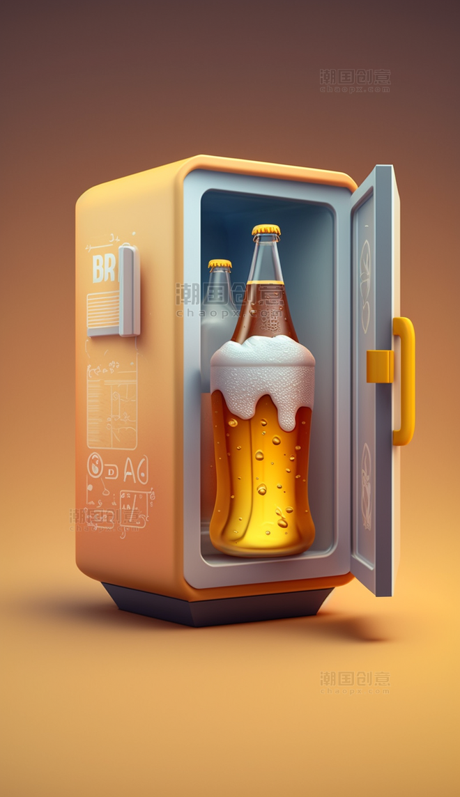 啤酒在冰柜3d风格卡通创意图
