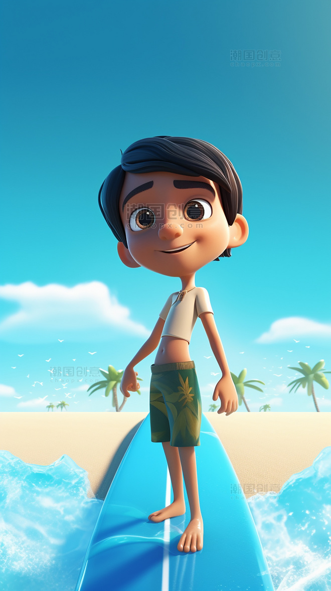 阳光明媚的夏天男孩冲浪海水蓝天海滩椰子树C4D
