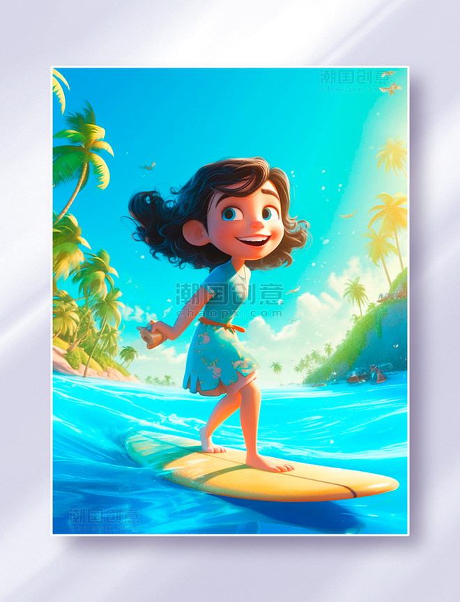 夏日阳光明媚的海边小女孩在冲浪