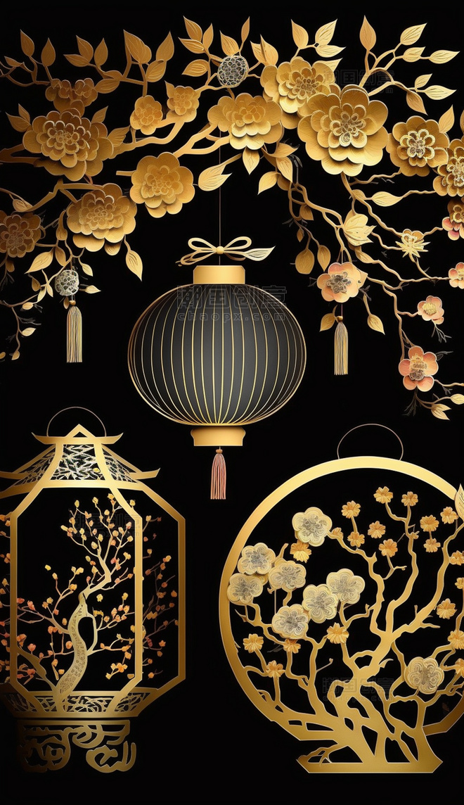 中国风中式装饰古典花纹灯笼金色元素立体剪纸