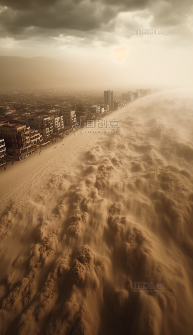 沙尘暴席卷城市震撼场景俯视图
