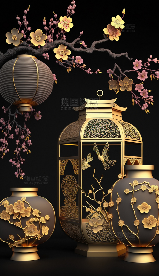 古代花瓶灯笼花枝中式装饰国潮元素