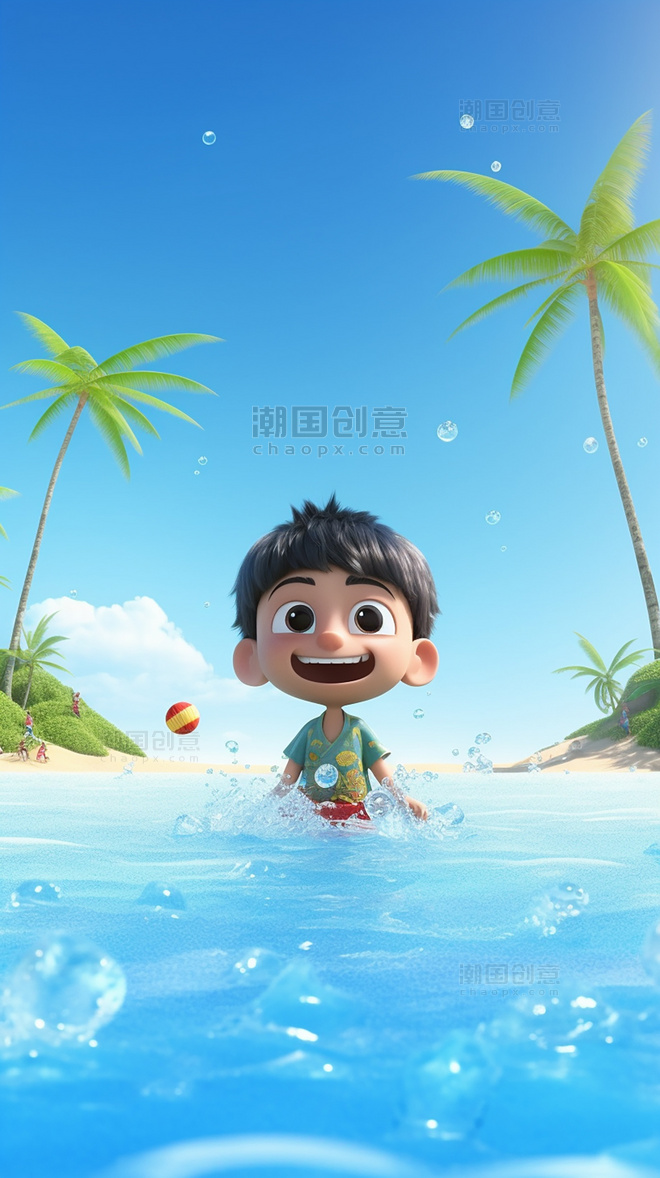 3D海报蓝天海滩椰子树C4D阳光明媚的夏天男孩冲浪海水