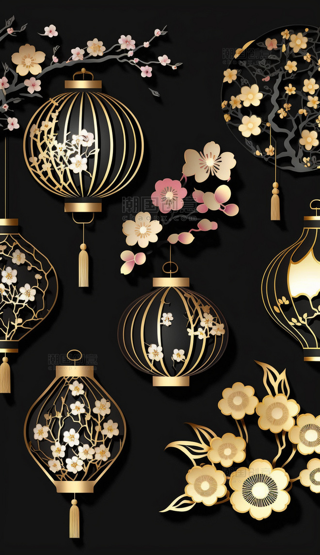 中式装饰古典花纹灯笼金色元素立体剪纸