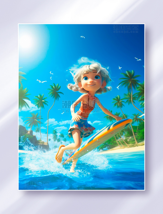 蓝天白云的沙滩海边拿着冲浪板准备冲浪的小女孩