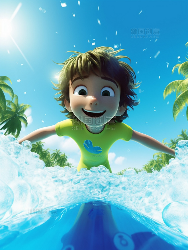 3D海报阳光明媚的夏天男孩冲浪海水蓝天海滩椰子树C4D