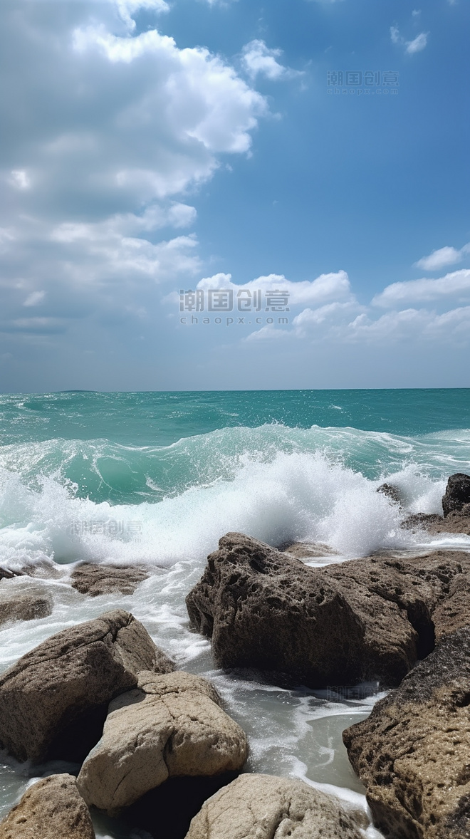 大海海边海岸岩石悬崖波浪美丽的风景海洋摄影图