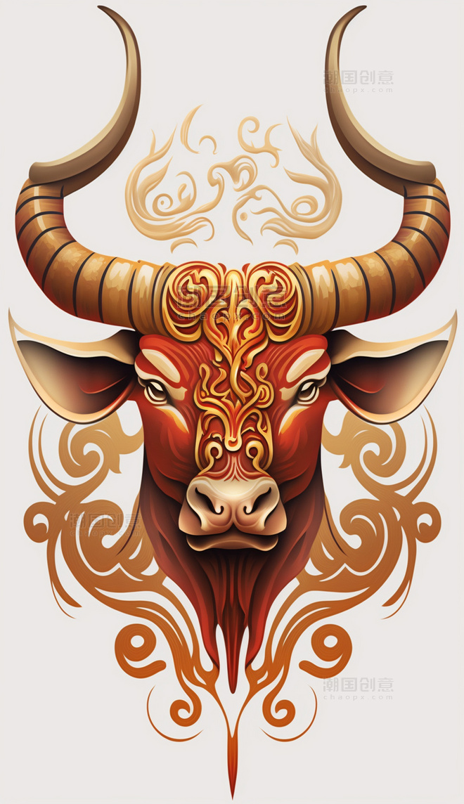 十二生肖生肖牛牛头红色图腾元素动物