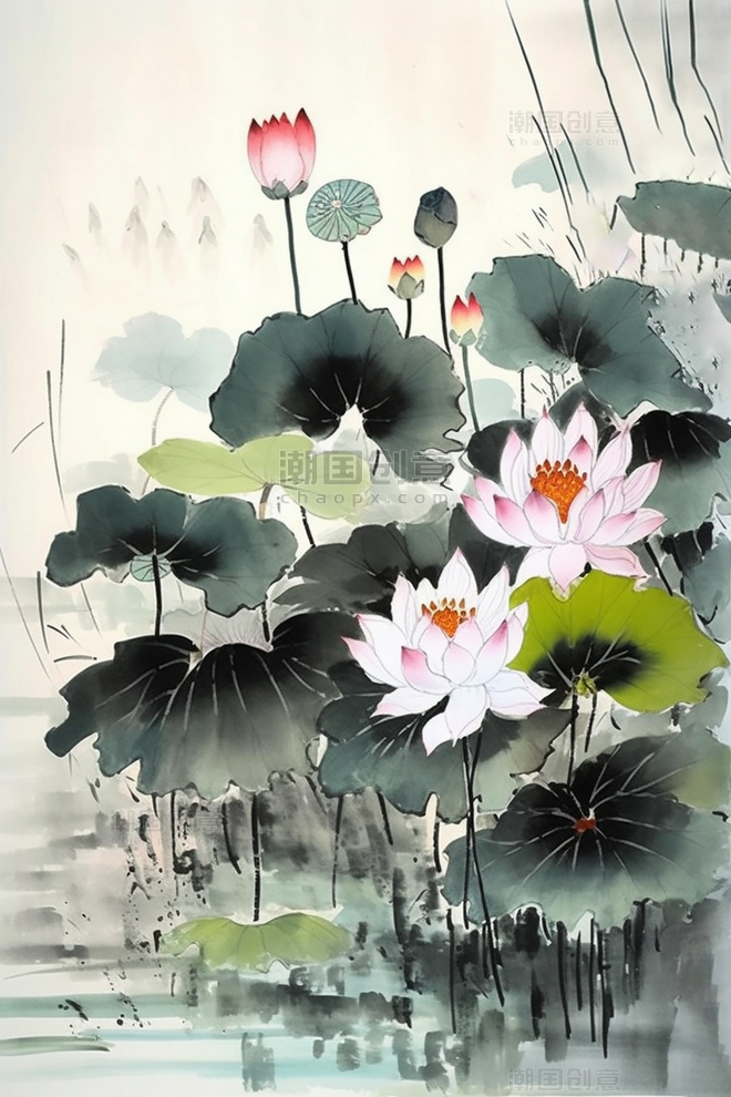 传统水墨风格插画池塘里的荷花和树叶充满了中国水墨的风格夏天夏季