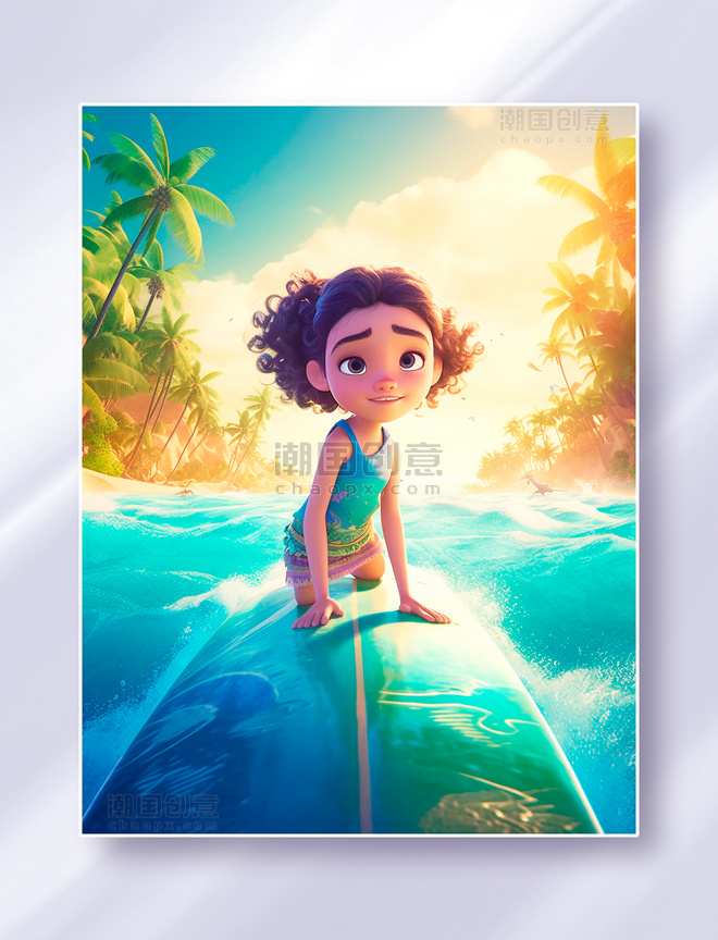 趴在冲浪板上的小女孩在碧蓝的海面上玩滑板