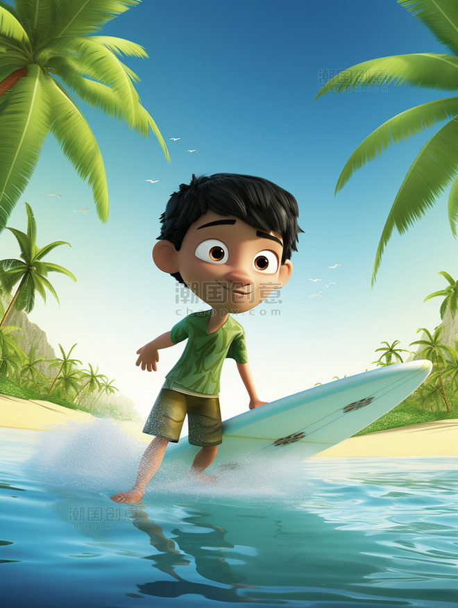 蓝天海滩椰子树C4D3D海报阳光明媚的夏天男孩冲浪海水