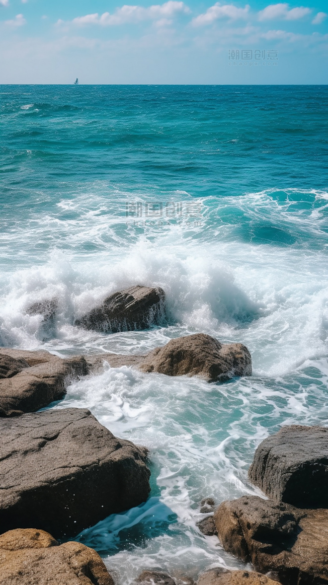 海浪大海海边海岸岩石悬崖波浪美丽的风景海洋摄影图