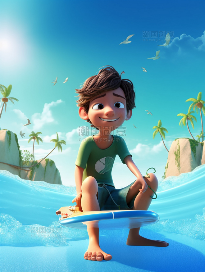 阳光明媚的夏天男孩冲浪海水蓝天海滩椰子树C4D3D海报