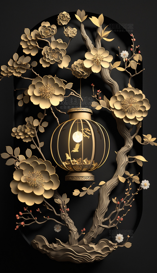 中国风中式装饰古典花纹金色元素立体剪纸