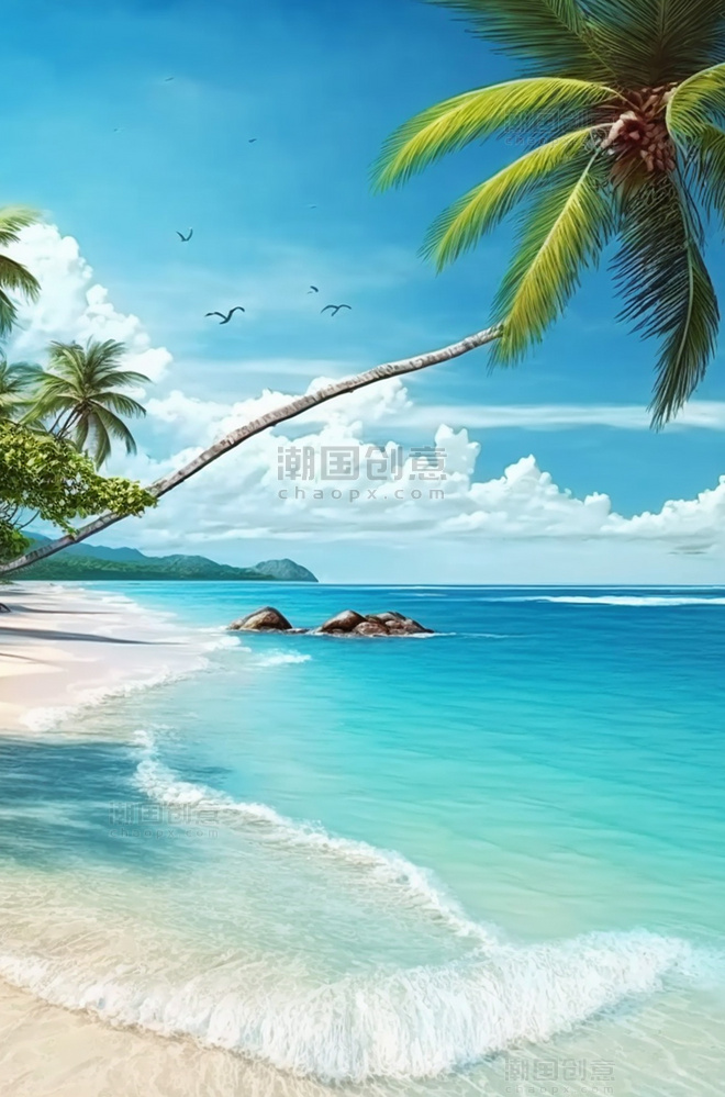 夏天沙滩海洋椰树背景