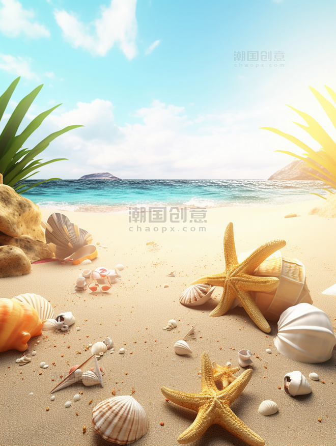 干净明亮的背景海滩背景椰树贝壳海星大海和船3D效果超级细节
